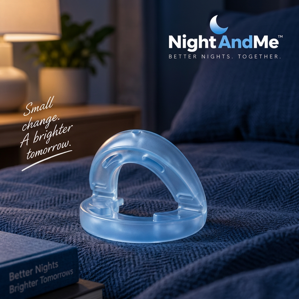 NightAndMe anti-snoring mouthpiece on premium navy bedding