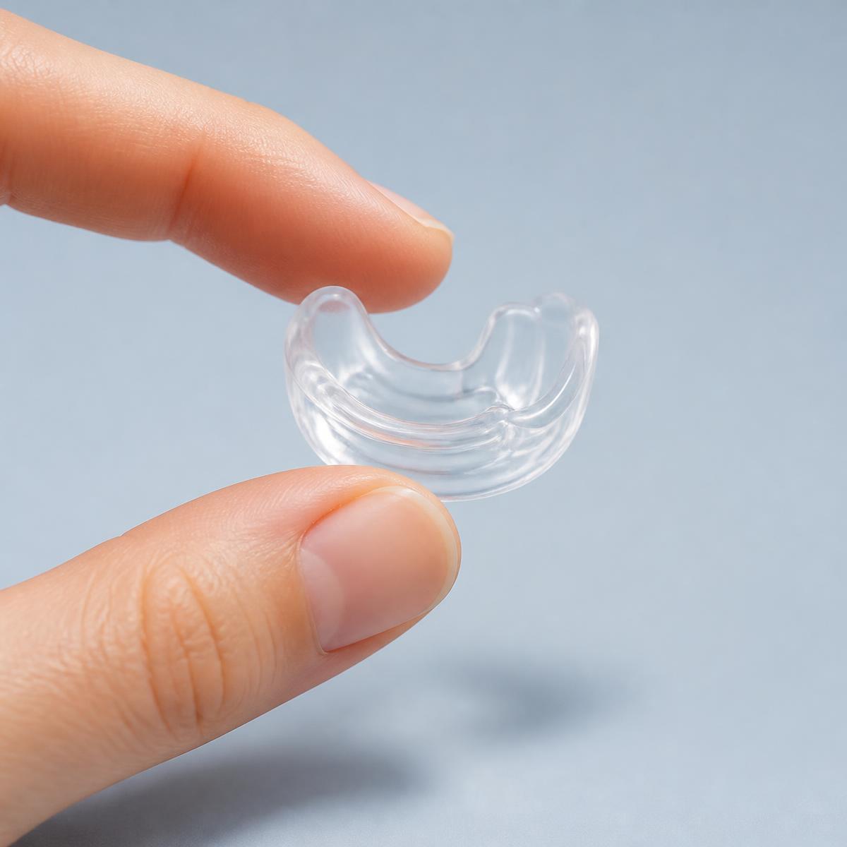 Compact clear NightAndMe mouthpiece held between two fingers